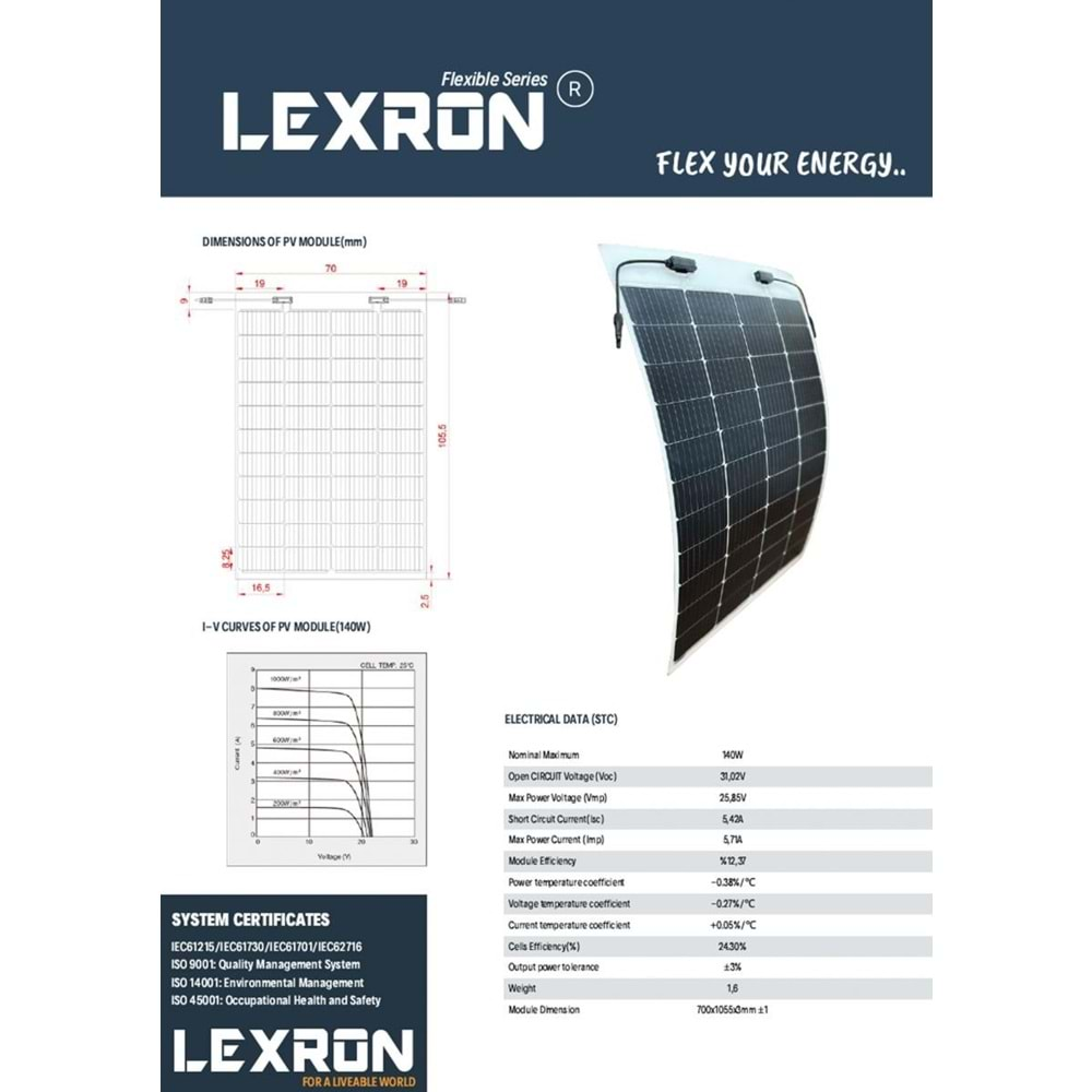 Lexron 140w Etfe Esnek Monokristal Güneş Paneli