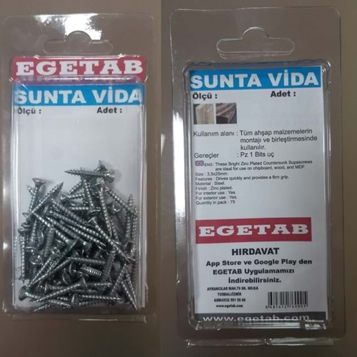 SUNTA VİDA 3,5X25 - 75'Lİ PAKET